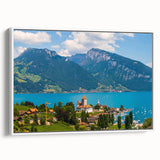 Vintage poster art of Geneva scenery in vibrant colors on extra large framed canvas, ideal for living room decor.