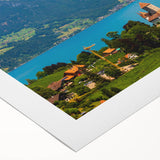 Art deco poster of Geneva scenery in muted blue and green tones on rolled canvas, ideal for dining room decor.