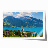 Rolled print of Geneva scenery with vibrant green and blue tones, ideal for art wall dining room placement.