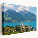 Large art depicting the Geneva skyline on stretched canvas, in muted watercolor tones, ideal for kitchen wall decor.