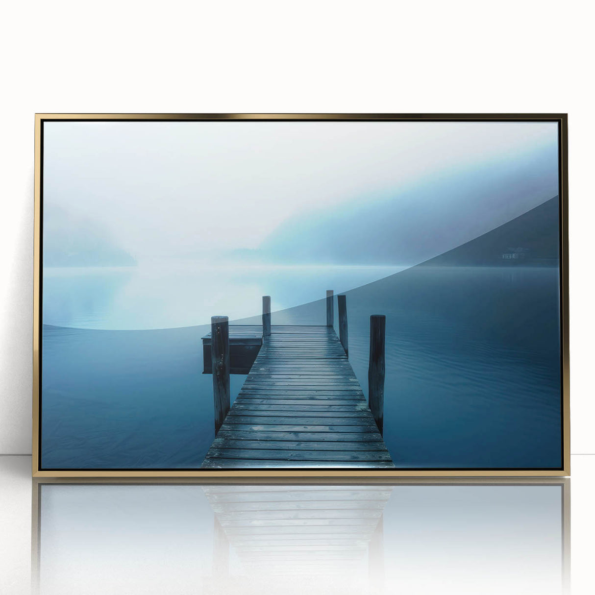 Large acrylic print of a Swiss landscape in gold frame, mid-century modernist style, ideal for modern art wall decor.