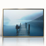 Large acrylic print of a Swiss landscape in gold frame, mid-century modernist style, ideal for modern art wall decor.