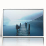 Art Deco poster of a Swiss landscape in muted blues and greens on framed acrylic, ideal for modern art wall decor.