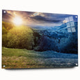 Large abstract wall art depicting a scenic European landscape on acrylic glass, ideal for bedroom or dining room decor.