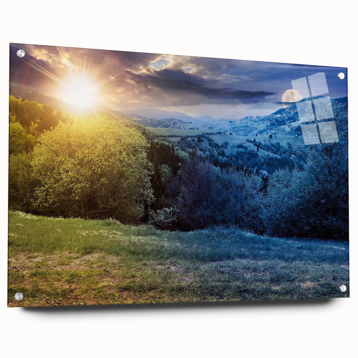 Large abstract wall art depicting a scenic European landscape on acrylic glass, ideal for bedroom or dining room decor.