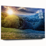 Large abstract wall art depicting a European scenery in soft blue and green tones on acrylic glass.