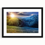 Abstract art print of a vibrant, colorful landscape on a textured, extra-large canvas, ideal for living room decor.