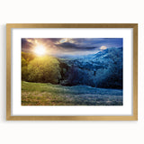 Extra large abstract art print featuring textured scenery of a European landscape in gold frame, ideal for living room decor.