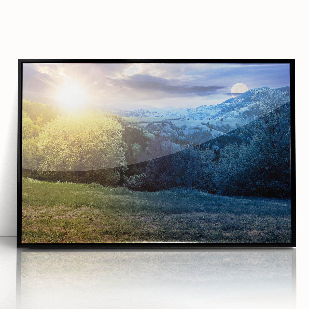 Large abstract wall art depicting a vibrant, colorful European landscape on a black framed acrylic.