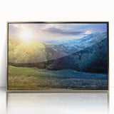 Large art print of a serene Ukrainian landscape in muted green and gold tones, framed in acrylic.