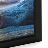 Extra large framed canvas featuring a textured depiction of a European scenery in black with colorful accents.