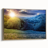 Framed canvas featuring a vintage-style landscape painting of a European scenery in gold and black tones.