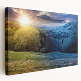 Large canvas print of a scenic European landscape, featuring muted green and blue tones, ideal for kitchen wall art.