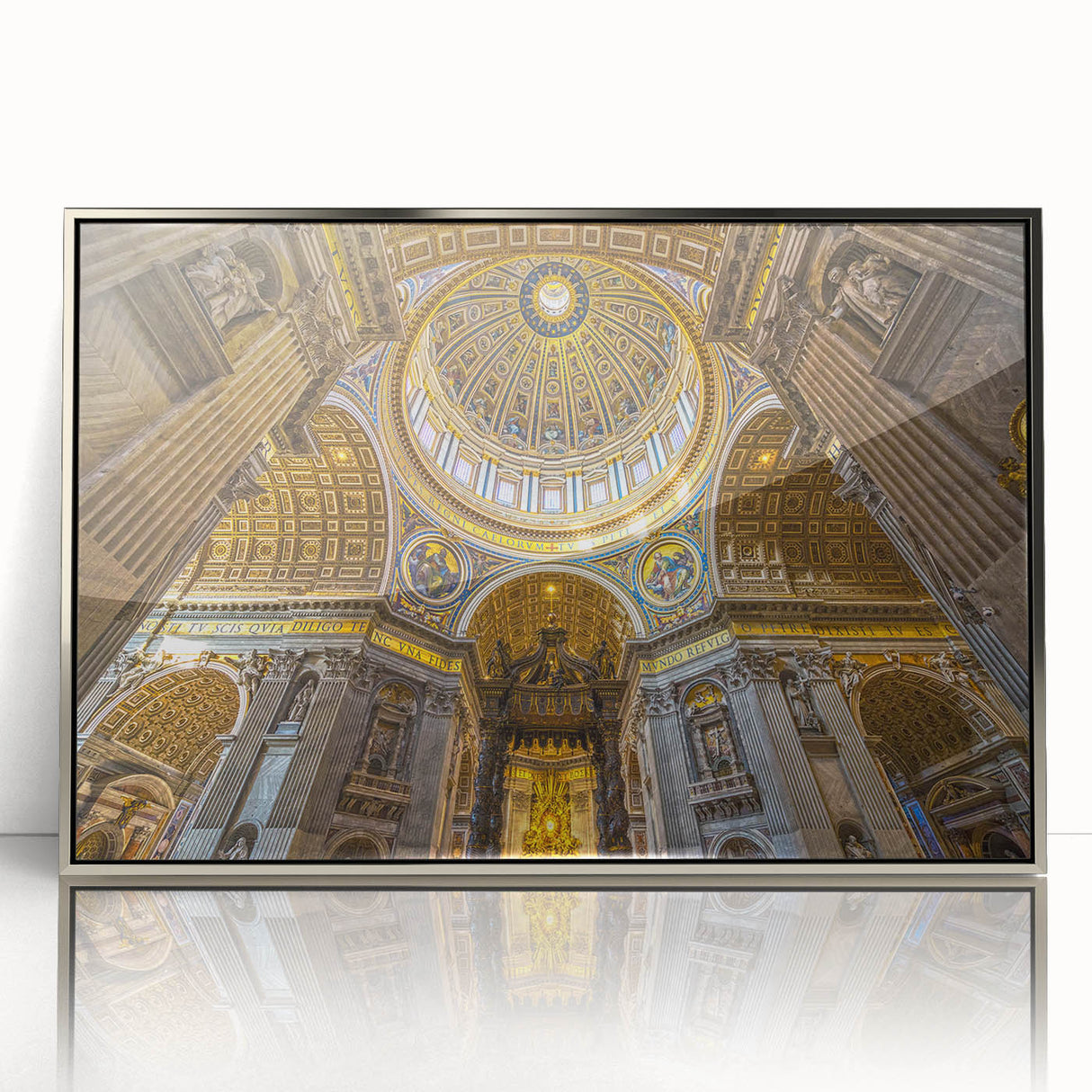 Mid-century modernist art of Vatican scenery in muted gray and silver tones on a framed acrylic.