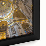 Close-up of a black framed canvas featuring a textured depiction of the Vatican, with vibrant, colorful accents.