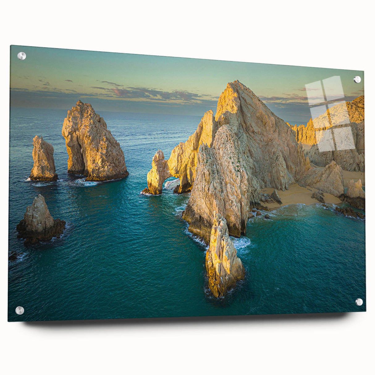 Acrylic print of Baja California landscape in earth tones, ideal for dining room decor.