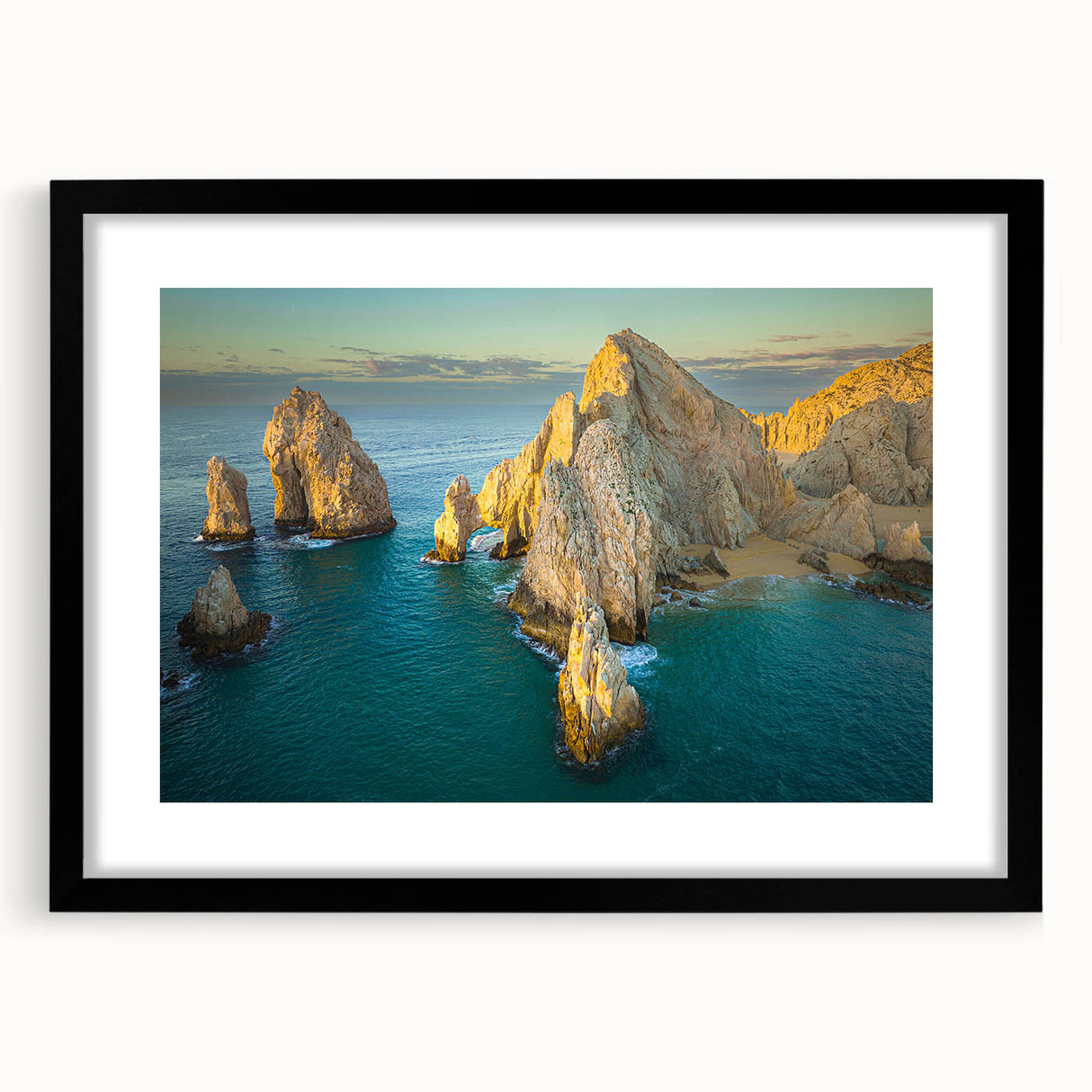 Extra large abstract art print of Baja California scenery in vibrant, textured colors on a black framed canvas.