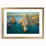 Extra large abstract art print depicting textured scenery of Baja California in muted earth tones, framed in gold.