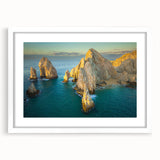 Abstract art print of Baja California scenery in muted earth tones on a framed canvas, ideal for dining room decor.