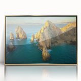 Large art print of Baja California scenery in gold frame, featuring mid-century modernist style.