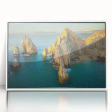 Art deco poster featuring a stylized Baja California scenery in muted earth tones on a framed acrylic.