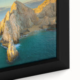 Framed canvas of a textured, colorful Mexican Baja California landscape in a black frame, ideal for living room decor.