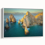 Vintage poster art of Baja California scenery in colorful tones on a large framed canvas, suitable for living room decor.