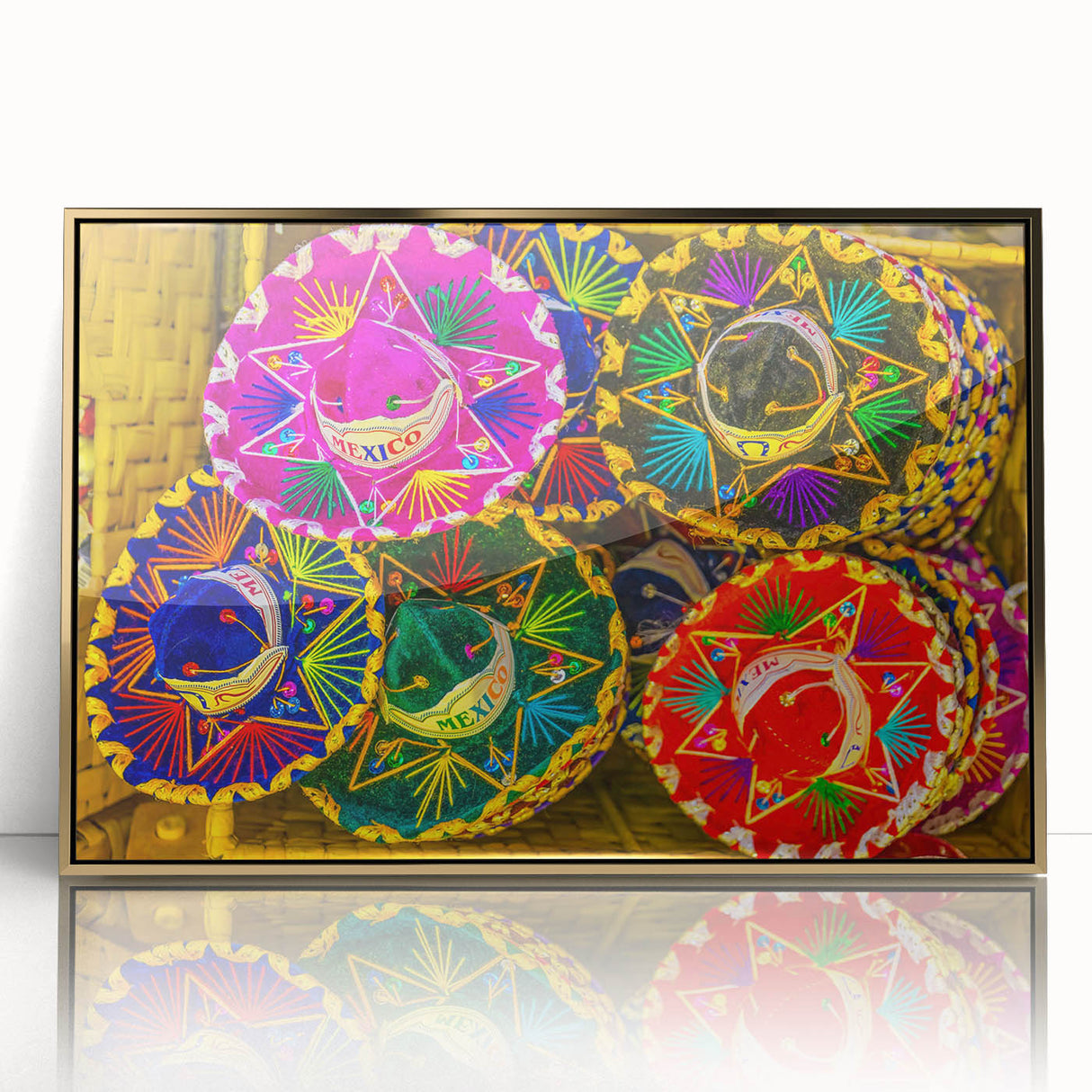 Framed acrylic print of Cabo San Lucas scenery, featuring mid-century modernist style with vibrant ocean and sky hues.