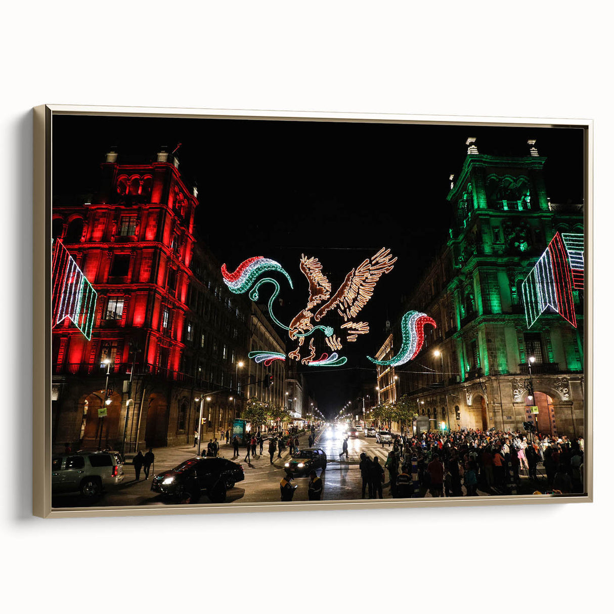 Framed canvas featuring a vintage-style landscape painting of Mexico City in black and gold tones.