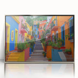 Framed acrylic print of Guanajuato, Mexico with vibrant colors in a mid-century modernist style.