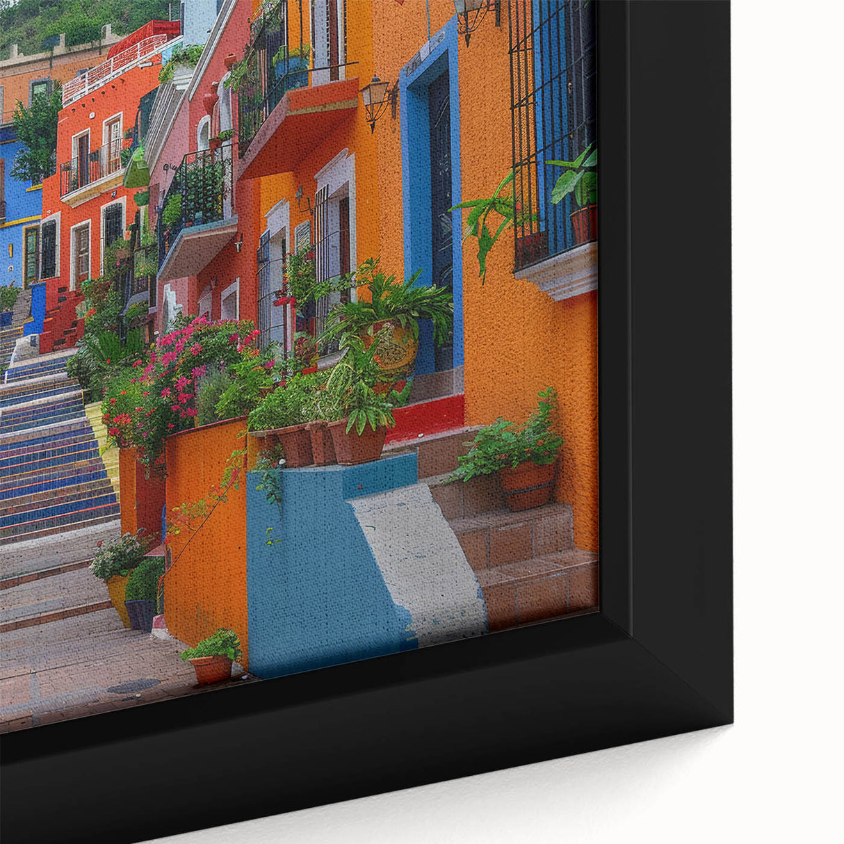 Framed canvas of a textured, colorful depiction of Guanajuato, Mexico, ideal for extra large living room wall art.