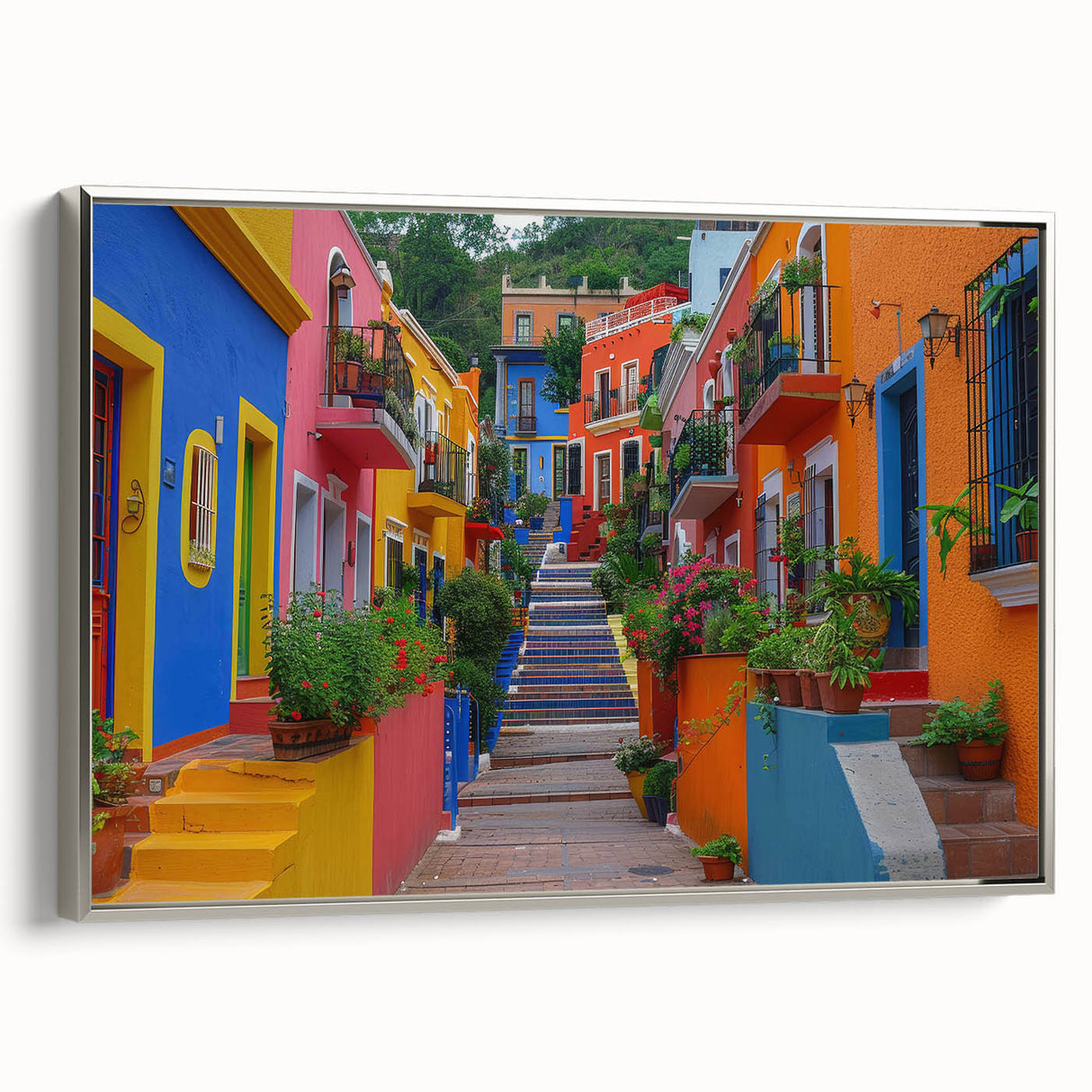 Framed canvas of a colorful Guanajuato landscape painting in vintage poster style, ideal for enhancing black wall art.