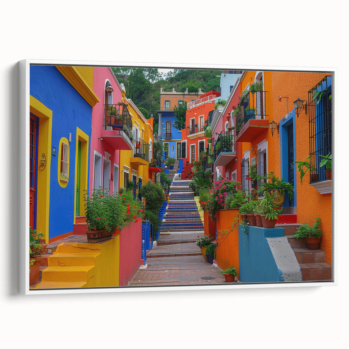Vintage poster art of Guanajuato, Mexico on a framed canvas, featuring colorful buildings in extra large size.