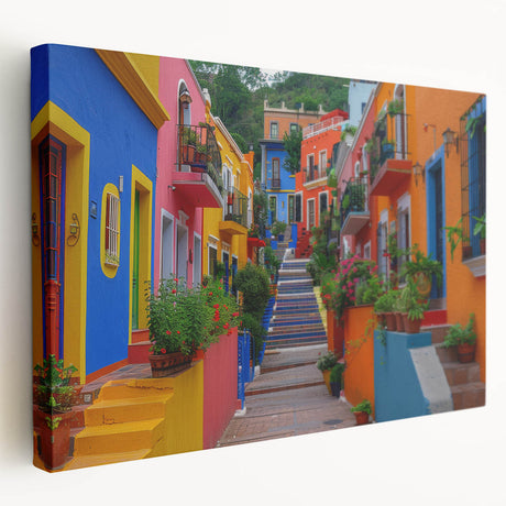 Large art print of Guanajuato, Mexico, featuring vibrant colors on stretched canvas, ideal for kitchen wall art.