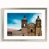 Textured abstract art print depicting a serene Oaxaca landscape in muted earth tones, framed in silver.
