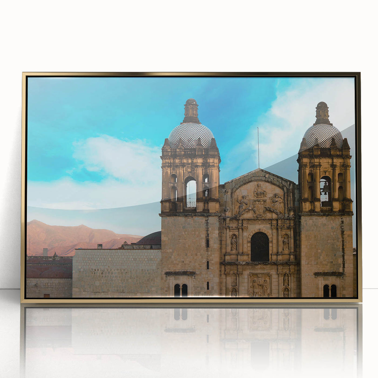 Mid-century modernist art depicting Oaxaca, Mexico scenery in gold and green tones on a framed acrylic print.