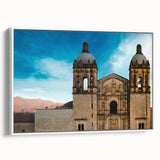 Vintage poster art of Oaxaca scenery on framed canvas, featuring vibrant and colorful imagery, ideal for living room decor.
