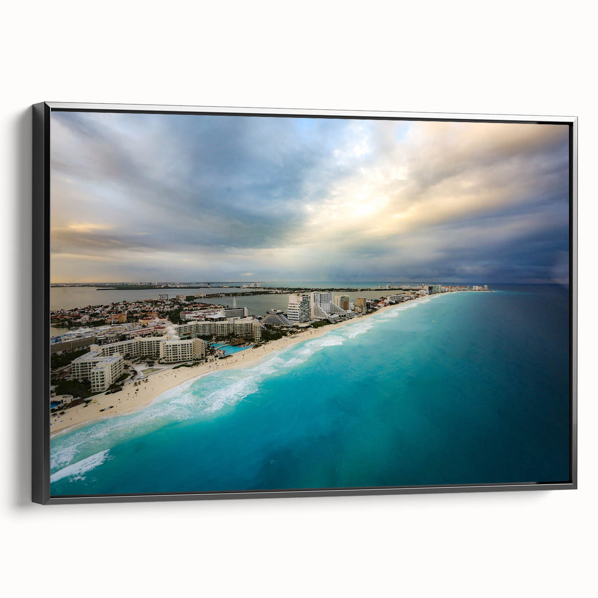 Black and white framed canvas of Quintana Roo landscape, featuring vintage poster art style, ideal for bedroom decor.