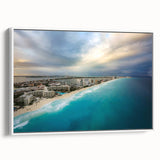 Vintage poster art of Quintana Roo scenery on a framed canvas, featuring vibrant colors, ideal for living room decor.