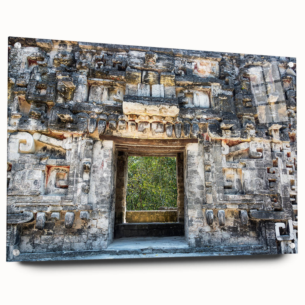 Large abstract wall art of Yucatan scenery in vibrant green and blue tones on acrylic glass.