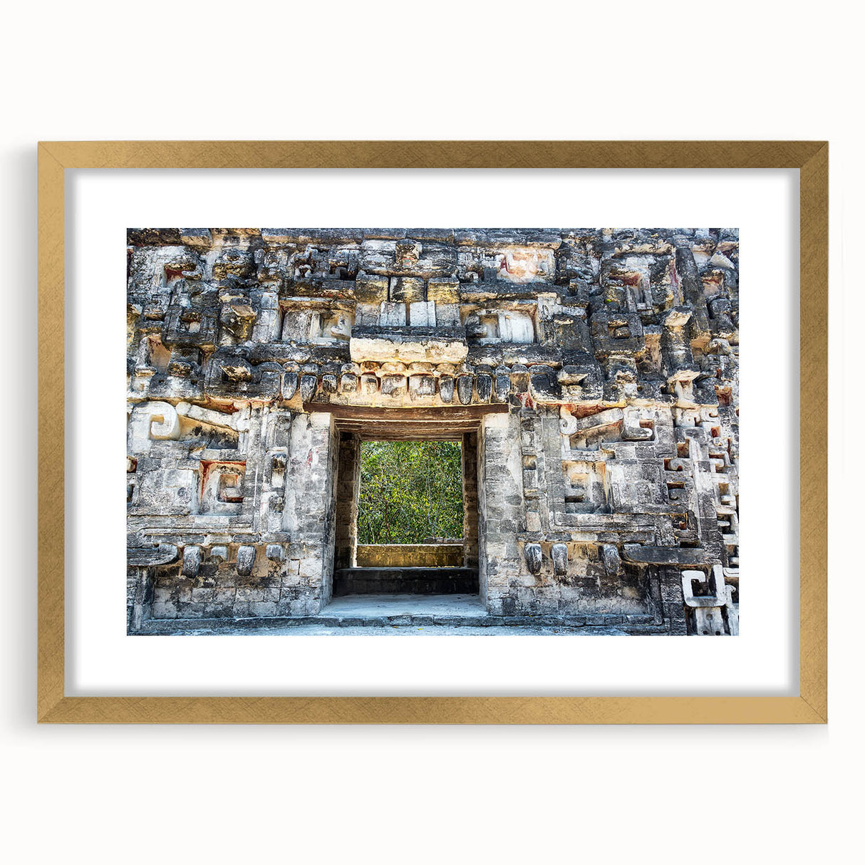 Extra large abstract art print of a Yucatan scenery in a gold frame, featuring textured brush strokes in earth tones.