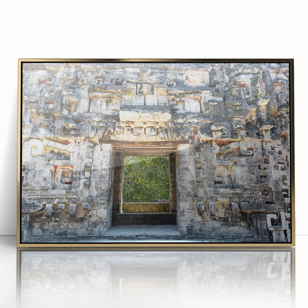 Framed acrylic print of Yucatan scenery in Mexico featuring mid-century modernist style with vibrant green and blue tones.