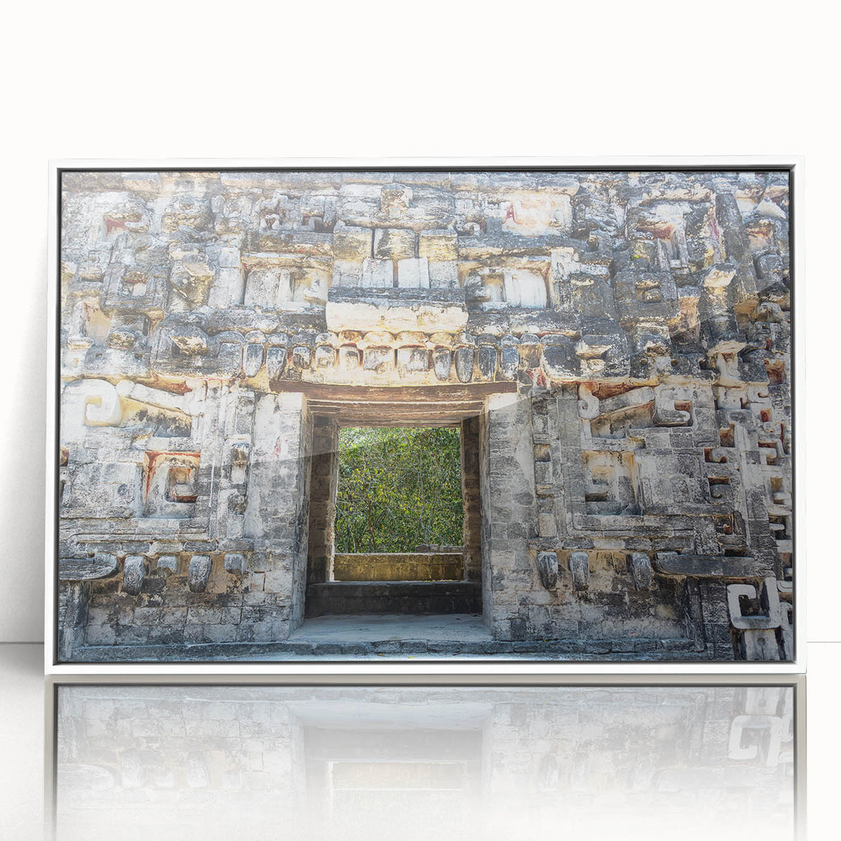 Acrylic print of a Yucatan scenery in art deco style, framed in white, ideal for modern nursery wall art.