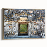 Framed canvas landscape painting of Yucatan, Mexico, featuring vintage poster art style in black and gold tones.