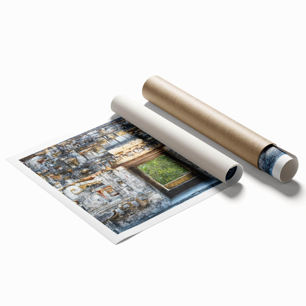 Extra large rolled print of a Yucatán scenery with lush florals in vibrant green and pink tones.