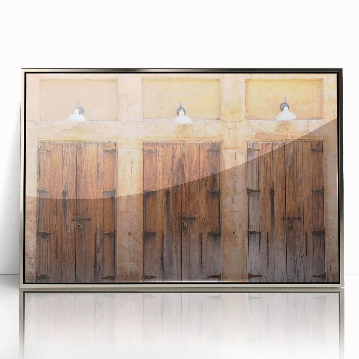 Mid-century modernist art of Dubai skyline in silver acrylic frame, ideal for modern art wall decor.