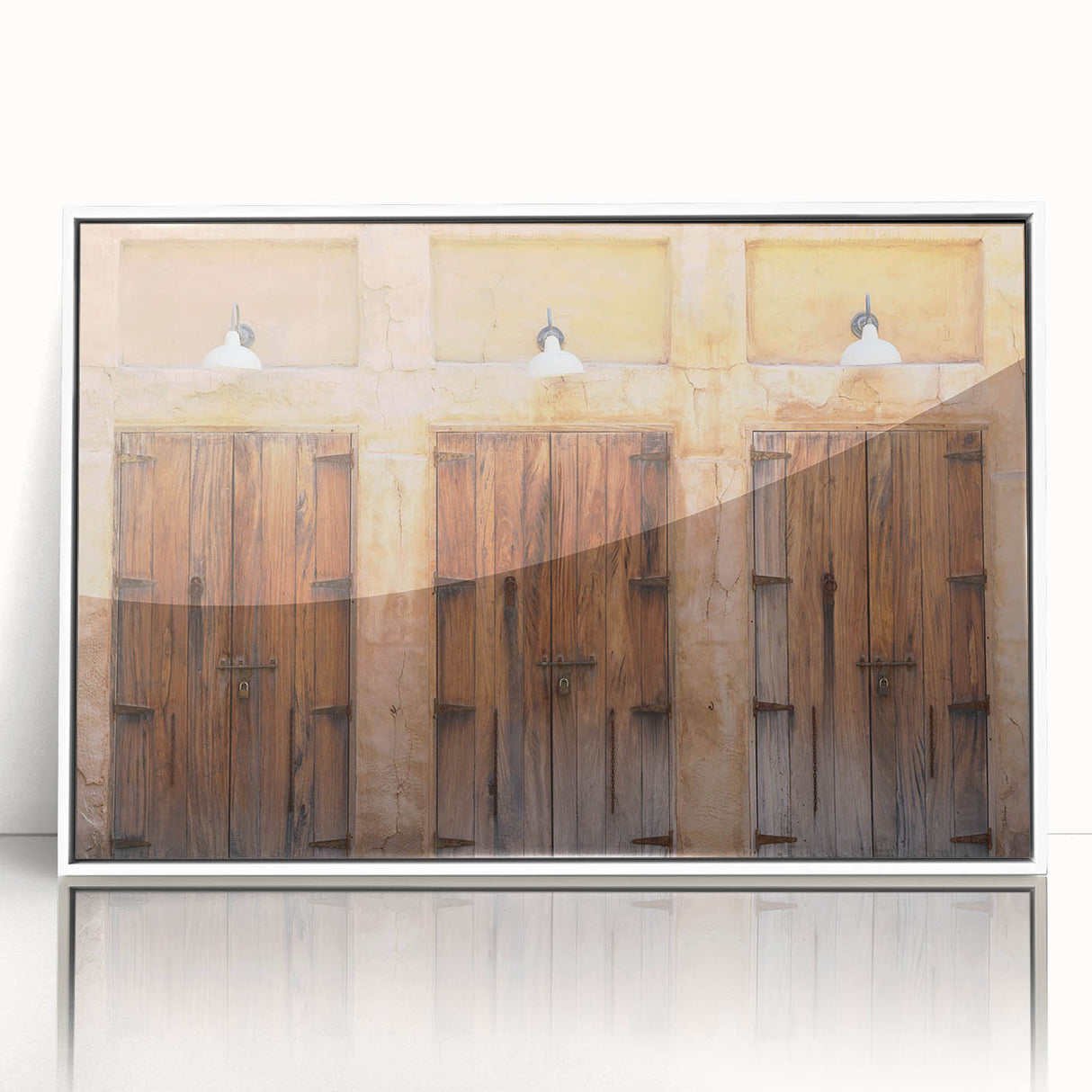 Acrylic print of Dubai skyline with muted gray and blue tones, framed in white, suitable for modern art wall decor.