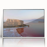 Art Deco style poster of a Middle Eastern landscape in muted earth tones on white framed acrylic.