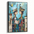 Black and white wall art featuring a vintage poster-style landscape of a Middle Eastern scenery on a framed canvas.