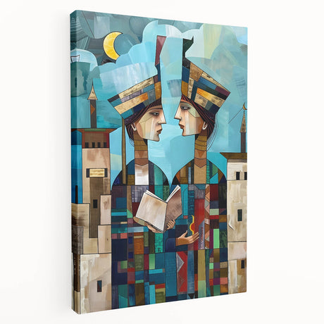 Large stretched canvas depicting a Middle Eastern scenery with earthy and blue tones, ideal for kitchen wall art.